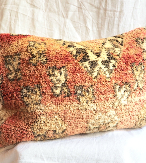 Coussin Berbère Marocain en laine fait à partir d'un tapis ancien aux couleurs passées