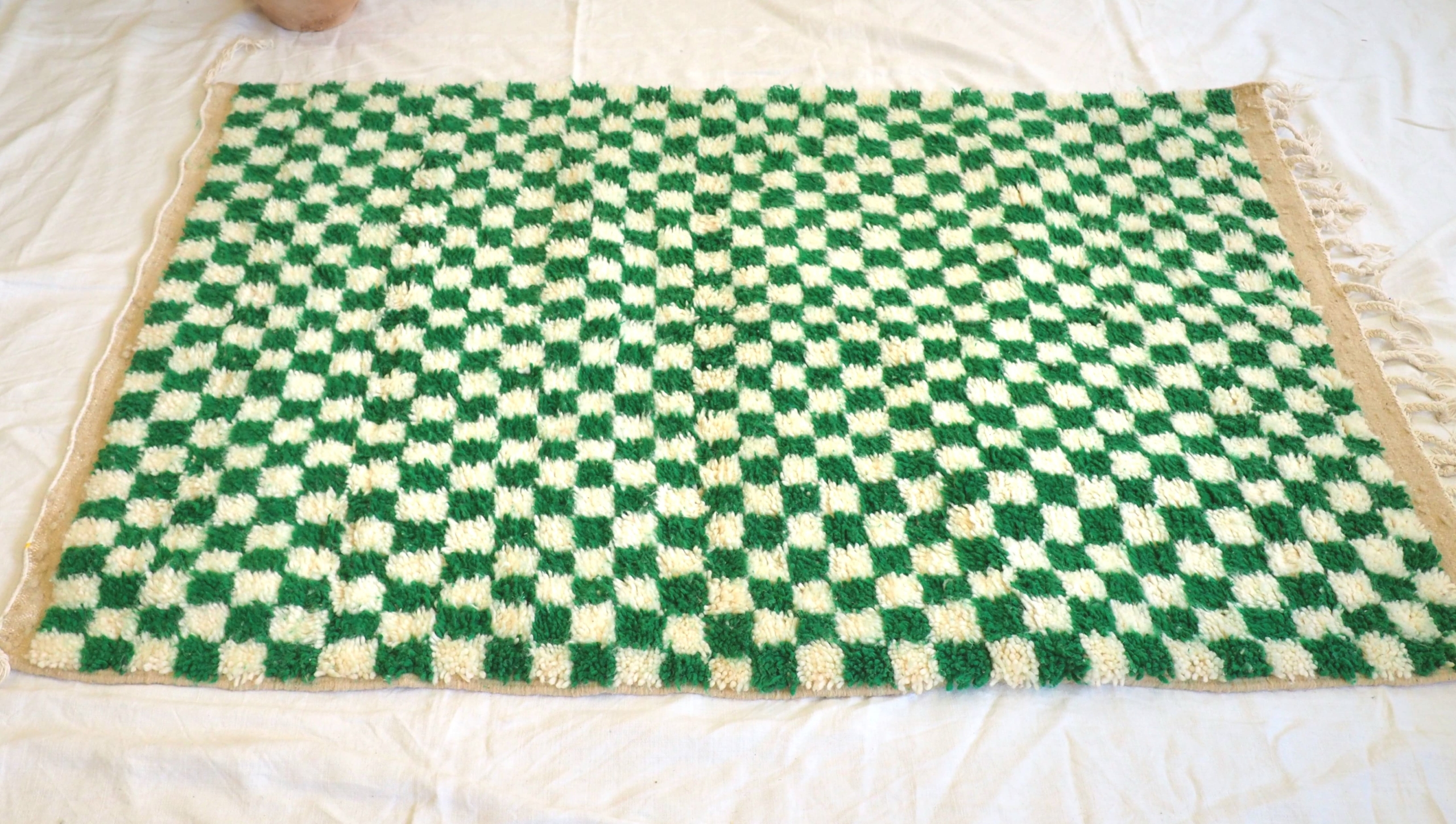 Authentic Berber Moroccan white and green wool carpet