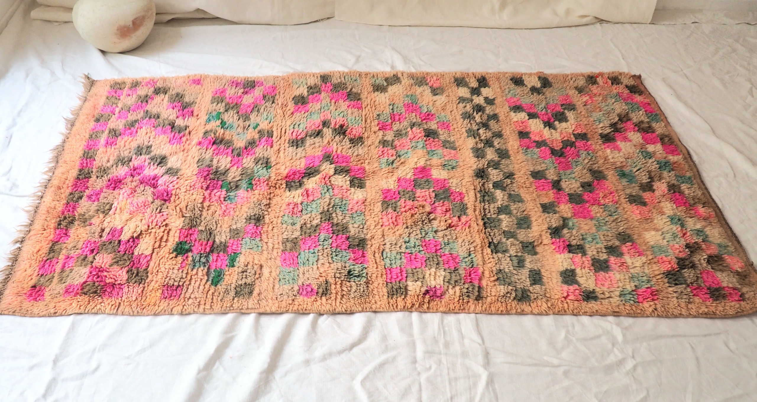Authentic Berber Moroccan green and pink carpet