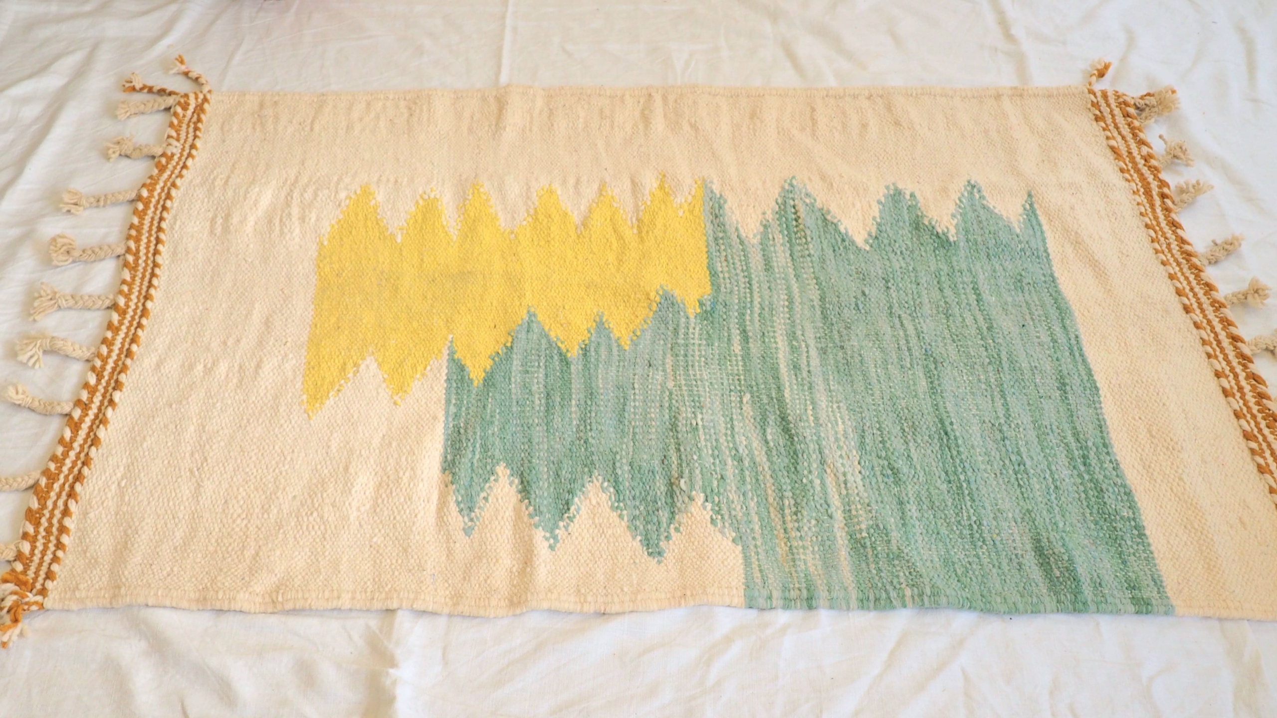 Authentic Berber Moroccan yellow and green kilim wool carpet