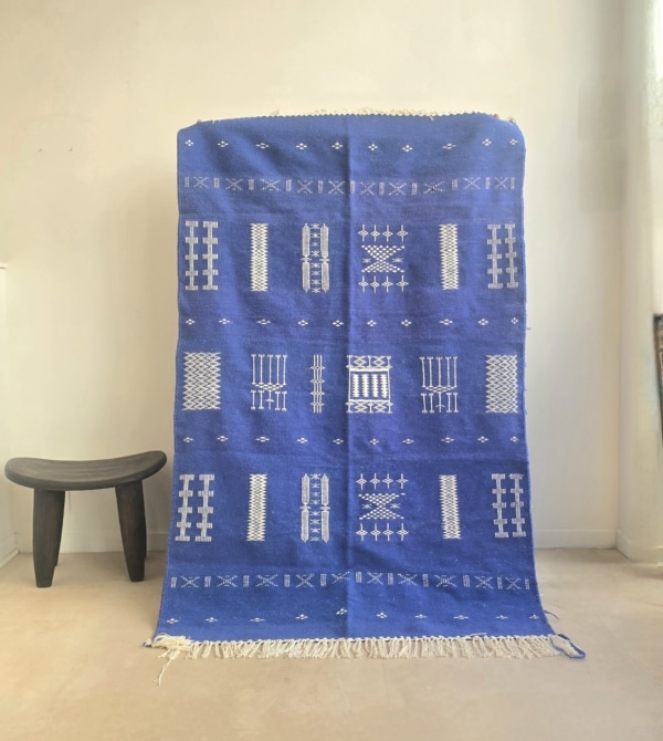 Tapis descente de lit Mozabite Algérien fait main bleu et motifs Berbères