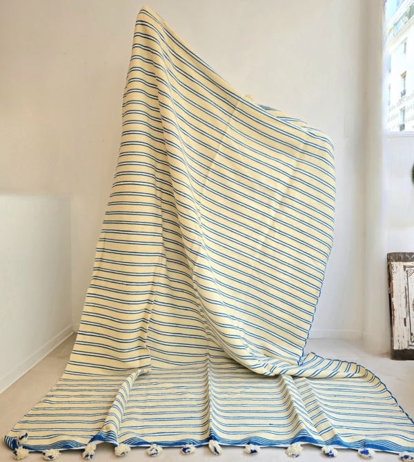 Large vintage Berber blanket from Algeria, handwooven in Tlemcen, pure wool, blue stripes