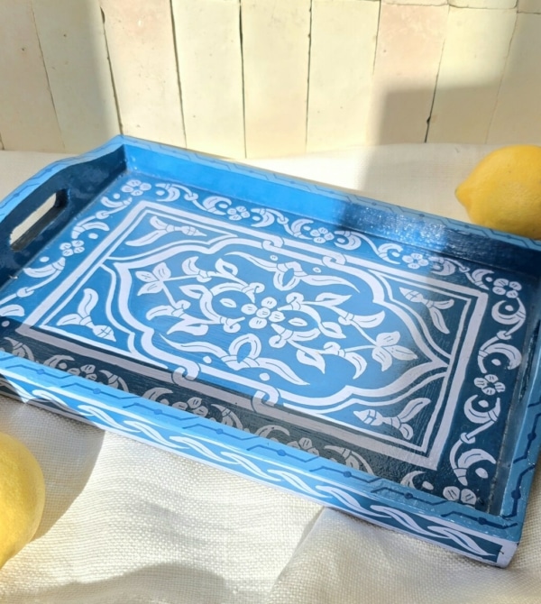 Plateau Marocain Zouaq bleu et blanc réalisé à la main idéal pour thé café