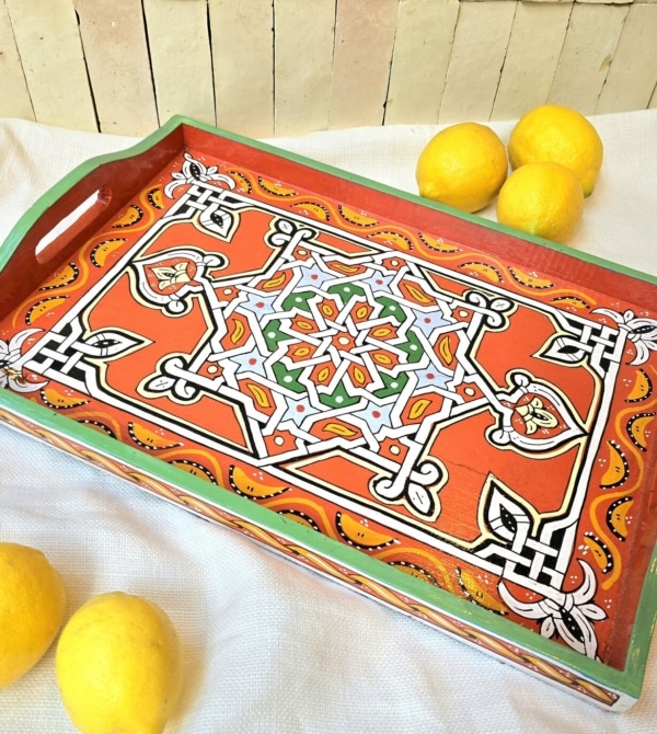 Plateau Marocain Zouaq orange et vert réalisé à la main
